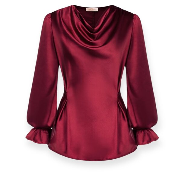 belle poque Tops - Belle Poque Burgundy Satin Cowl Neck Blouse Women L Tie Back Long Sleeve Office
